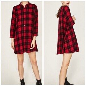 Zara Womens Large Flare Shirt Dress Red Plaid Kimono Sleeve